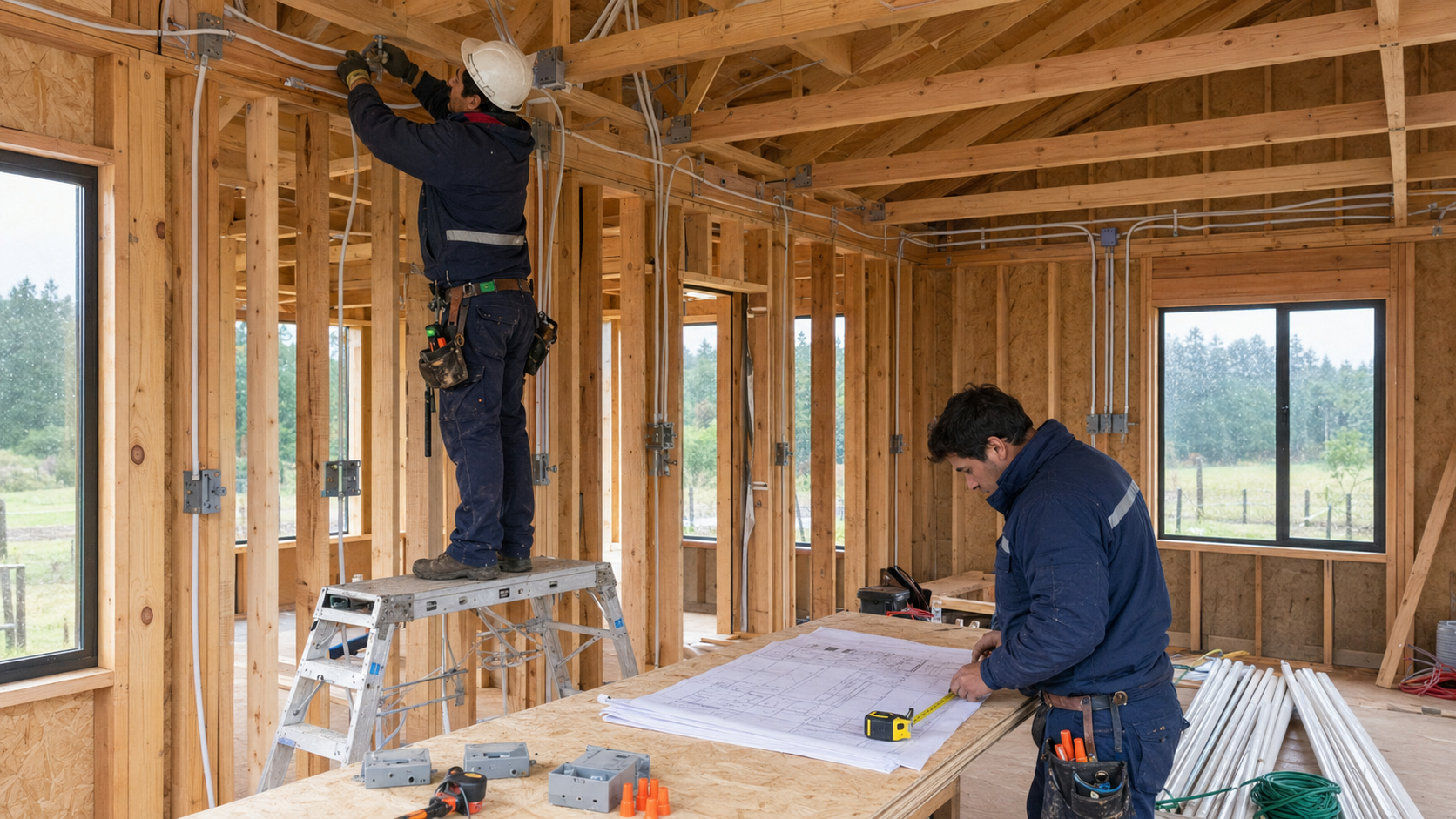 Instaladores eléctricos trabajando en vivienda nueva